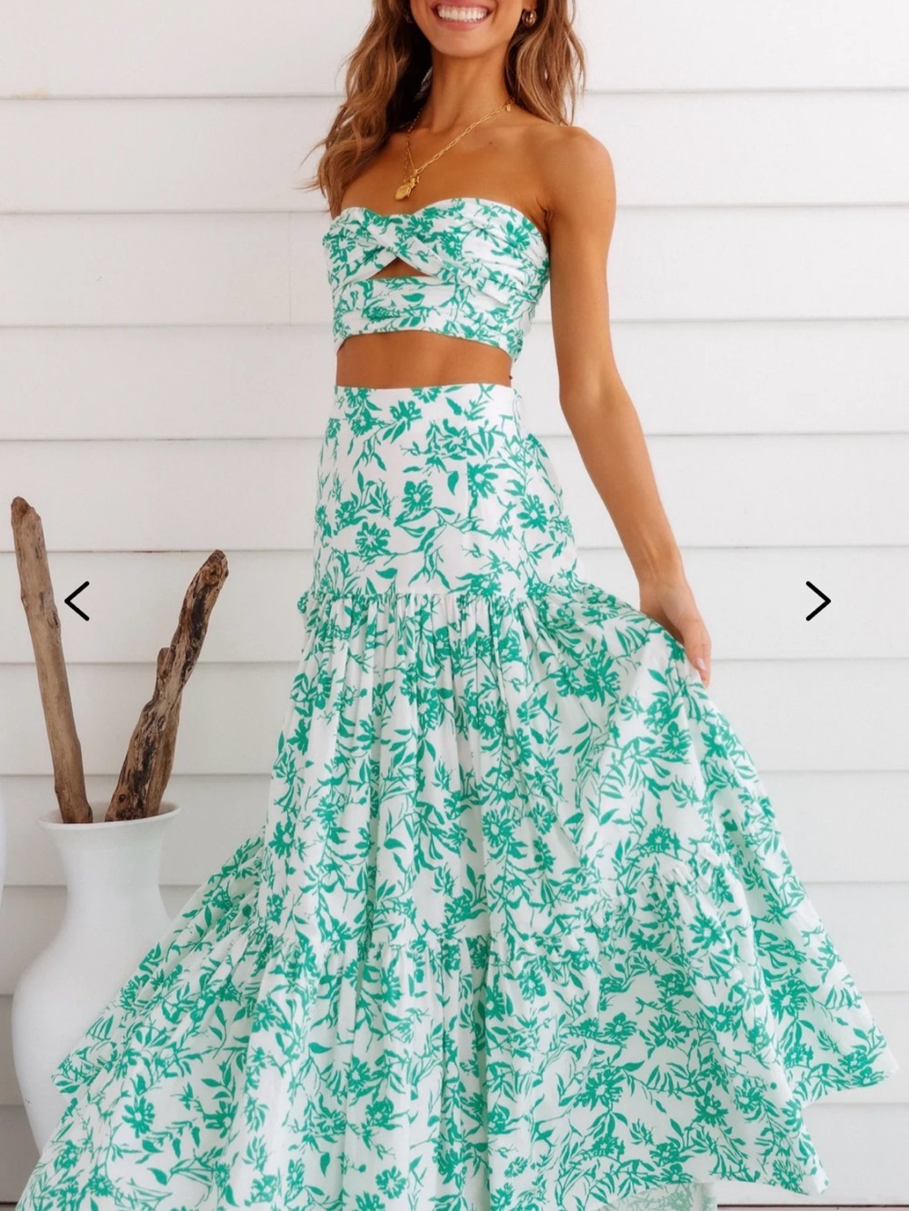 Pink Lily 2 pc SET Maxi Skirt / Strapless Top Floral Green and White Sz M